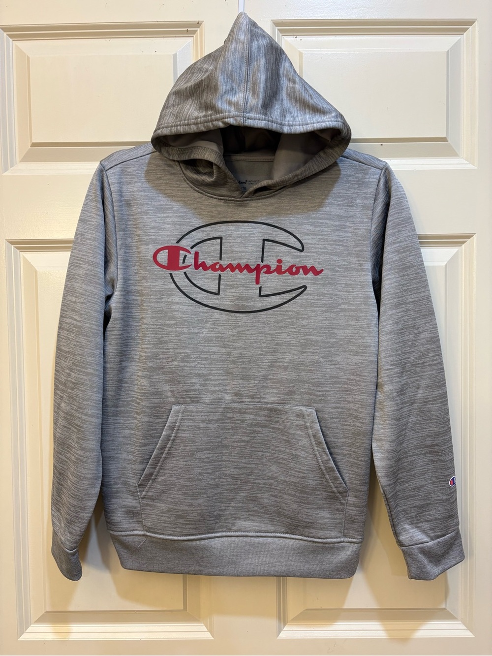 Champion Boys Gray Space Dye Performance Pullover Hoodie with Red/Black Logo